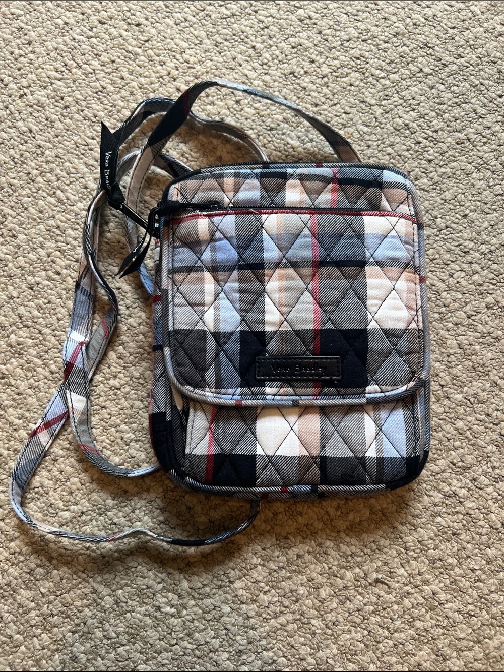 Vera Bradley Quilted Crossbody in Black, Gray, Cream with Red Accent